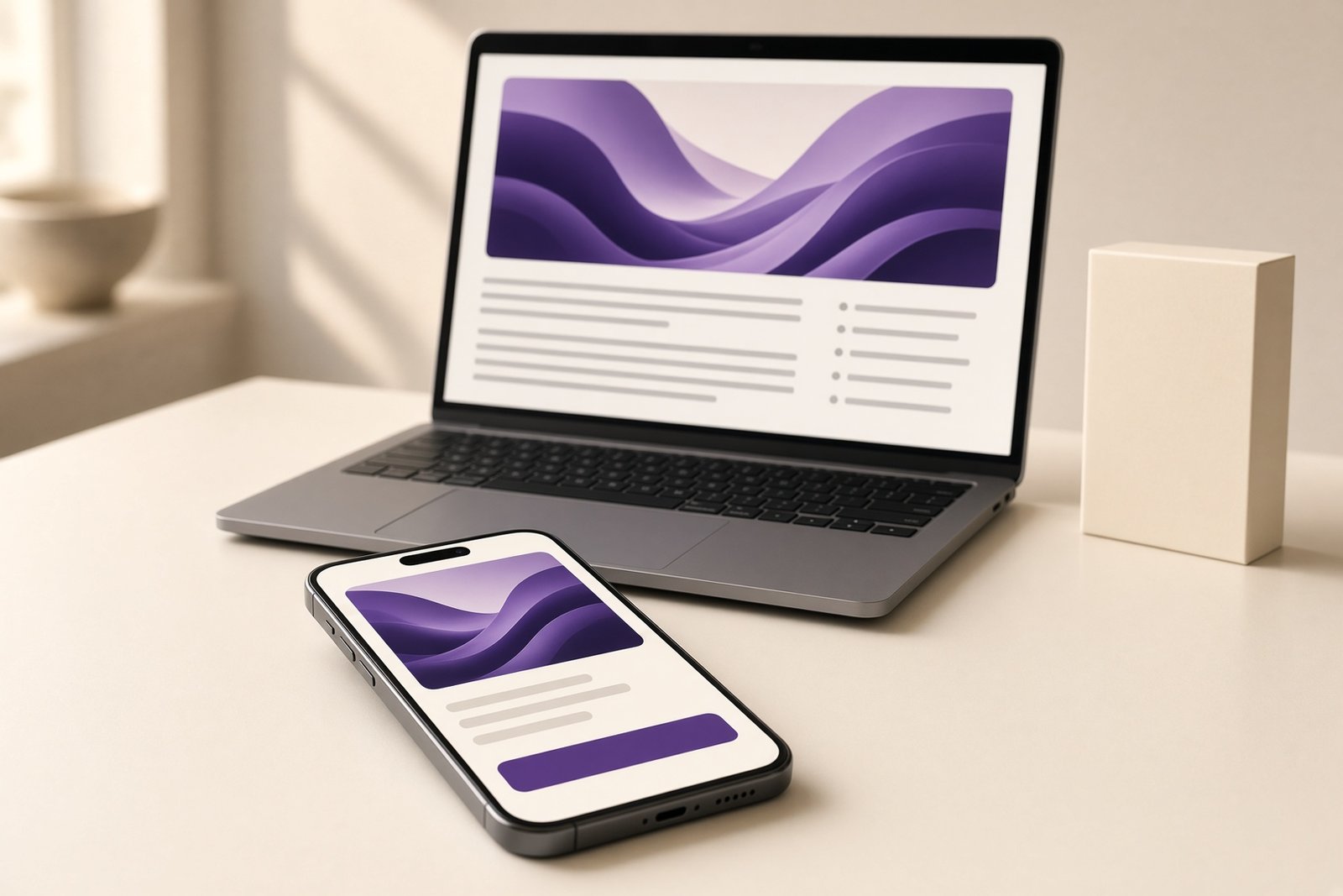 A cream desk with a smartphone showing an abstract violet pre-sell landing page layout of image blocks and a rounded button shape, next to a laptop with an abstract article layout and a small product box