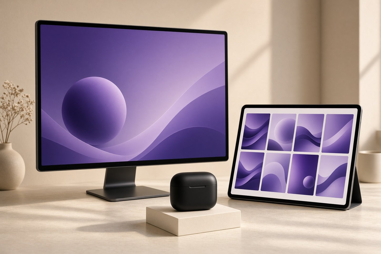A tidy cream workspace with a large monitor showing an abstract violet design canvas and a tablet beside it showing a grid of abstract ad variations, a small premium product in the foreground