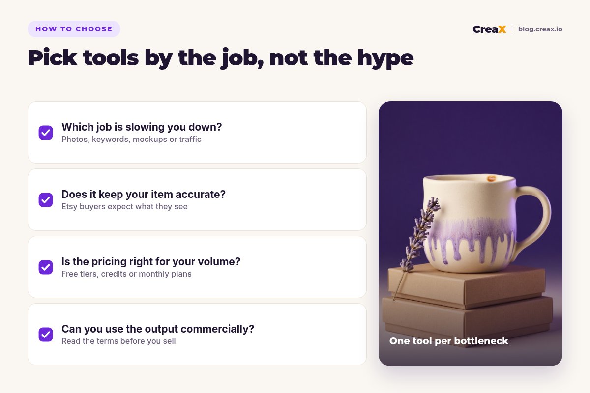 Checklist for choosing AI tools for an Etsy shop: which job is slowing you down, does it keep your item accurate, is the pricing right for your volume, can you use the output commercially.