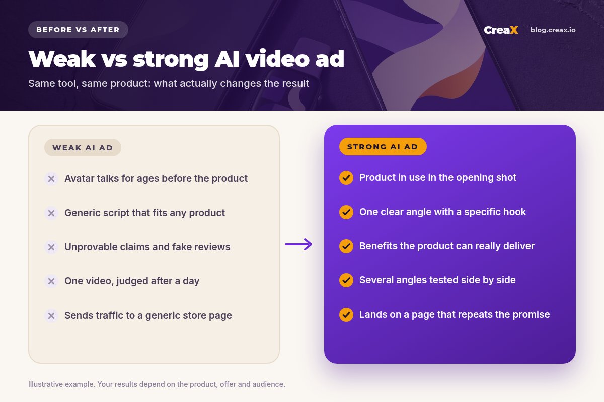 Before and after panel: a weak AI video ad with a slow avatar intro, a generic script, unprovable claims, a single video judged too fast and a generic store page, versus a strong AI ad with the product in use first, one clear angle, honest benefits, several angles tested and a matching landing page.