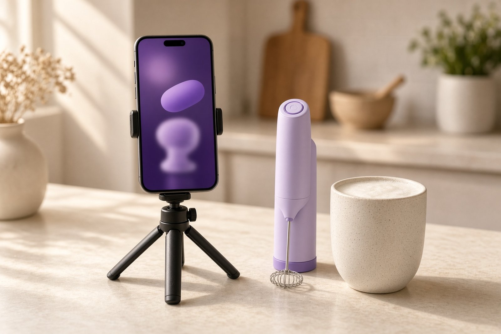 A smartphone on a small tripod on a cream table showing an abstract vertical video frame with a violet product silhouette, beside a compact pastel milk frother product