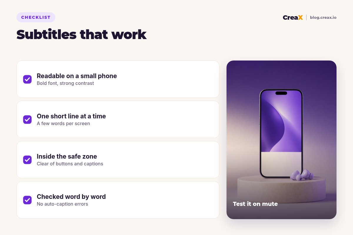 Checklist for subtitles that work: readable on a small phone, one short line at a time, inside the safe zone, checked word by word.