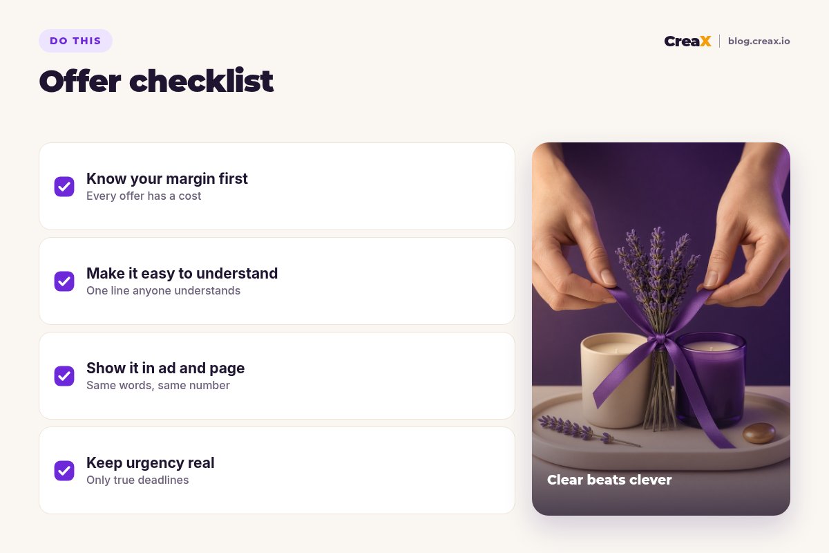 Offer checklist: know your margin first, make the offer easy to understand, show it the same way in the ad and on the page, and keep urgency real with only true deadlines.