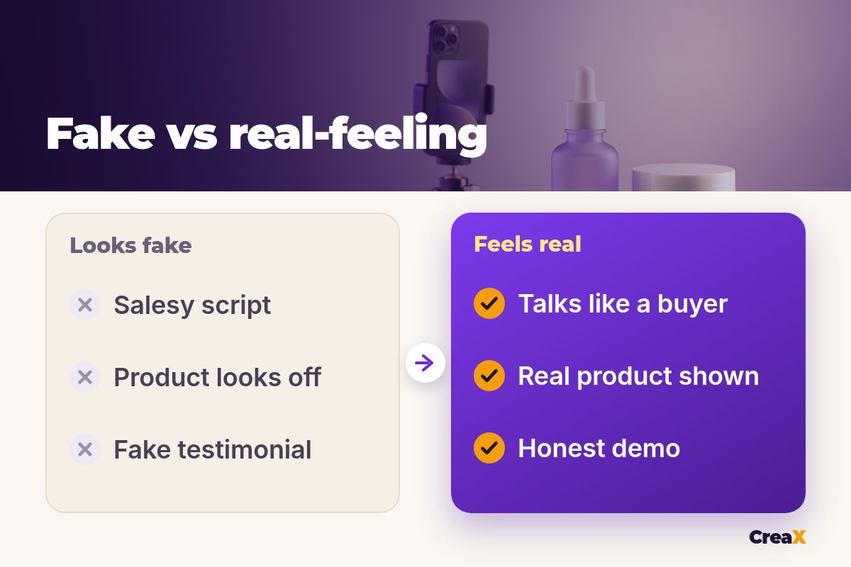 Before and after of an AI UGC ad: looks fake with a salesy script, a product that looks off and a fake testimonial; feels real when it talks like a buyer, shows the real product and gives an honest demo.