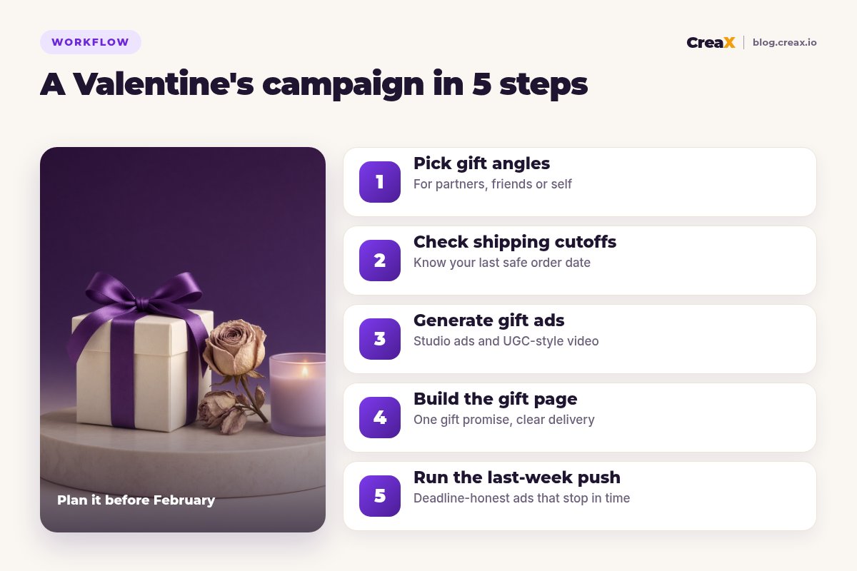 Five-step Valentine's Day workflow with CreaX: pick gift angles, check shipping cutoffs, generate gift ads, build the gift page, run the last-week push.