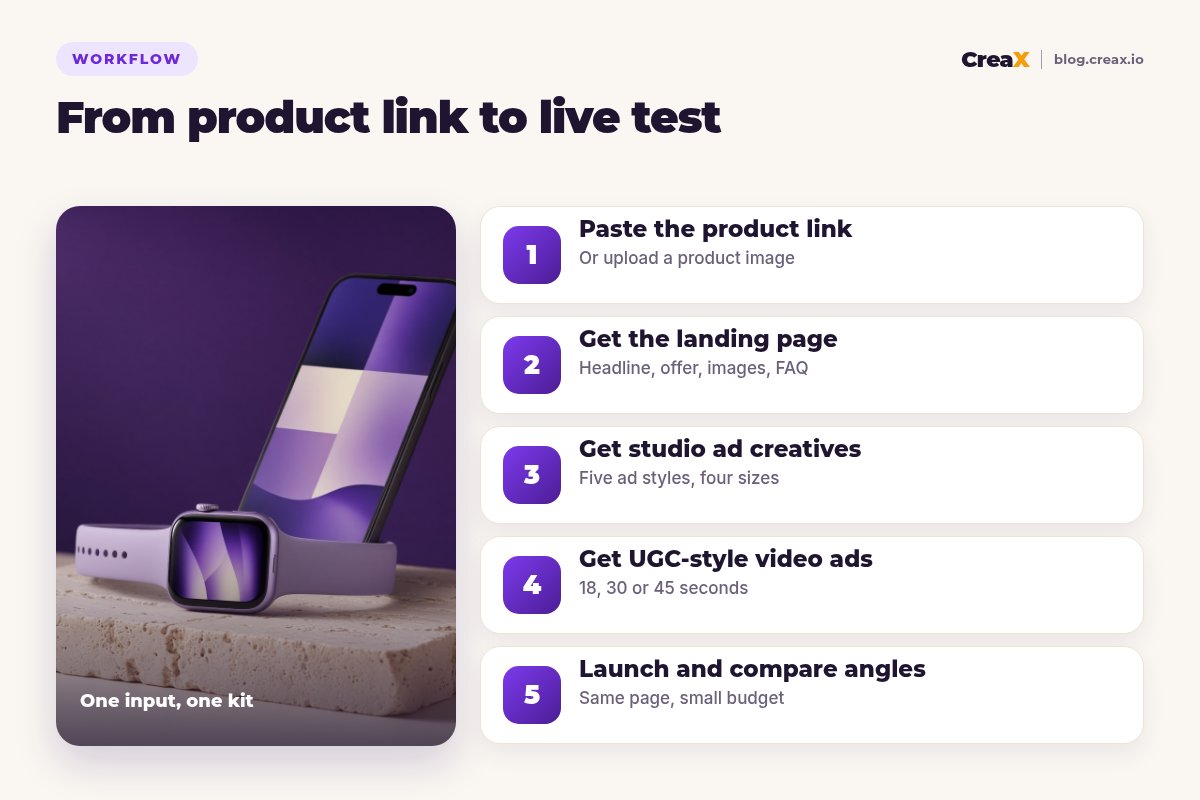 Five-step workflow from product link to live test with CreaX: paste the product link, get the landing page, get studio ad creatives, get UGC-style video ads, launch and compare angles.