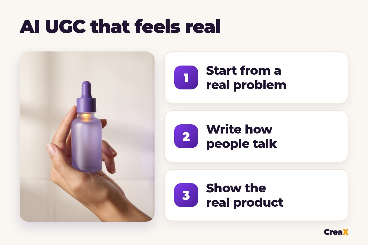 Three steps to AI UGC that feels real: start from a real problem, write how people talk, show the real product.
