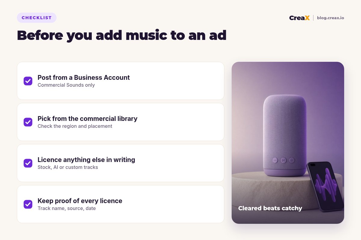 Checklist before you add music to an ad: post from a Business Account, pick from the commercial library and check region and placement, licence anything else in writing, keep proof of every licence.