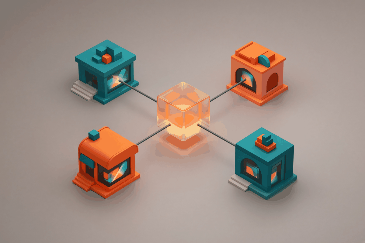 An isometric render of one glowing central cube connected by thin lines to four small storefront modules in teal and tangerine
