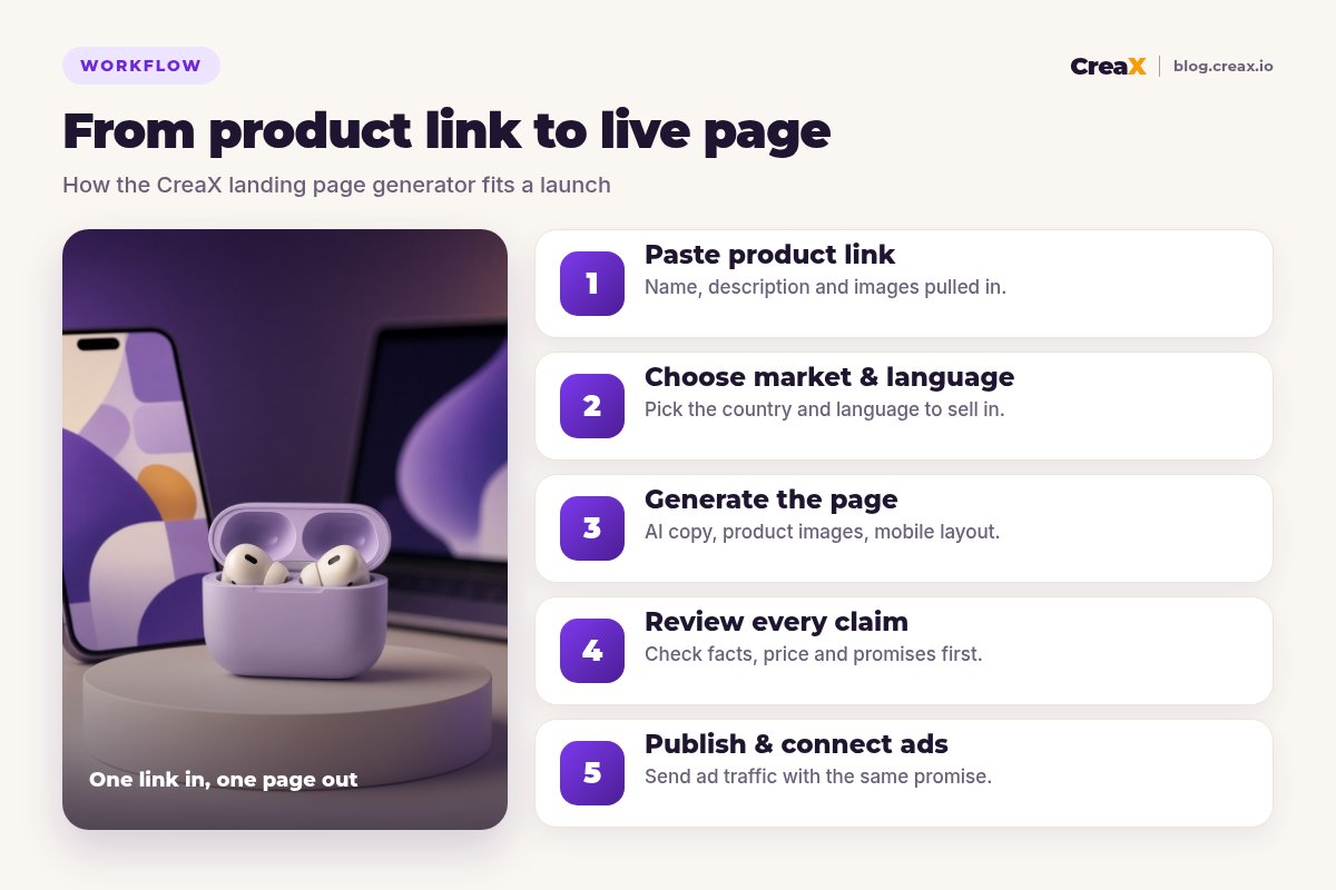 Five-step CreaX landing page workflow: paste a product link, choose market and language, generate the page, review every claim, publish and connect ads.