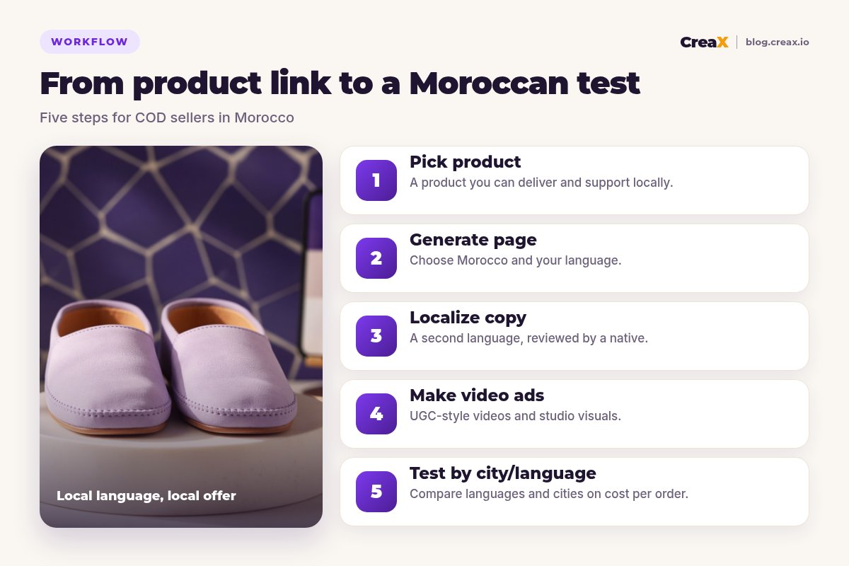 Five-step workflow for Moroccan sellers: pick a product, generate a page for Morocco in your language, add a second language version reviewed by a native speaker, make video ads, and test by city and language.
