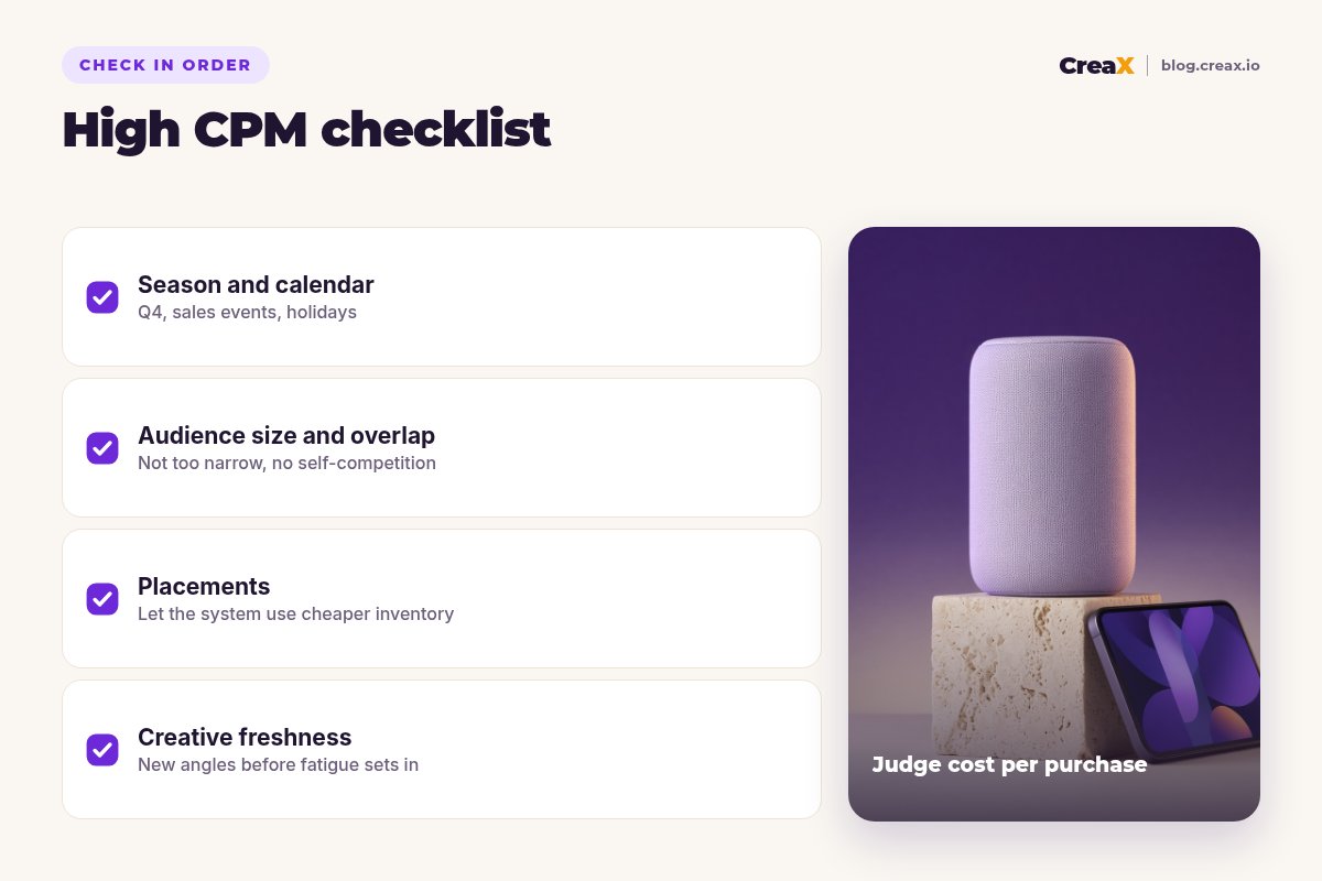 High CPM checklist in order: season and calendar, audience size and overlap, placements, creative freshness.