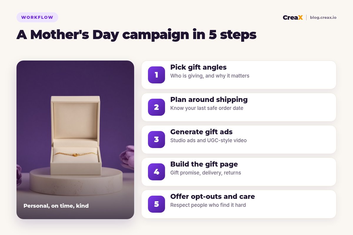 Five-step Mother's Day workflow with CreaX: pick gift angles, plan around shipping, generate gift ads, build the gift page, offer opt-outs and care.