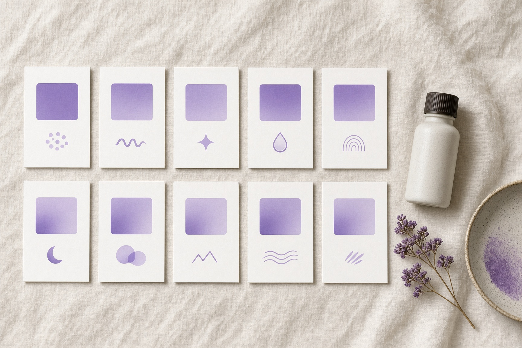 Ten blank ranked cards on cream linen with soft purple accents and a small product bottle