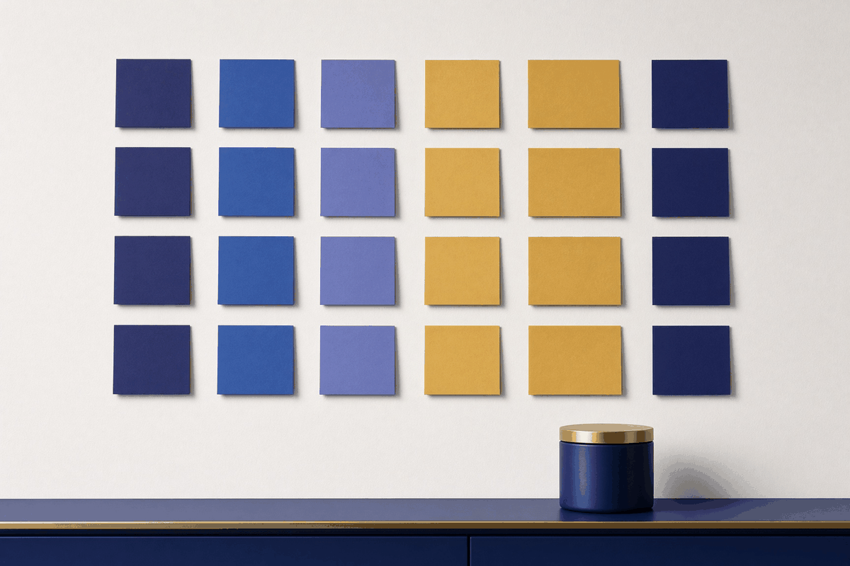 A wall of blank sticky notes arranged in a grid of columns and rows, with some columns highlighted in gold and a small product below
