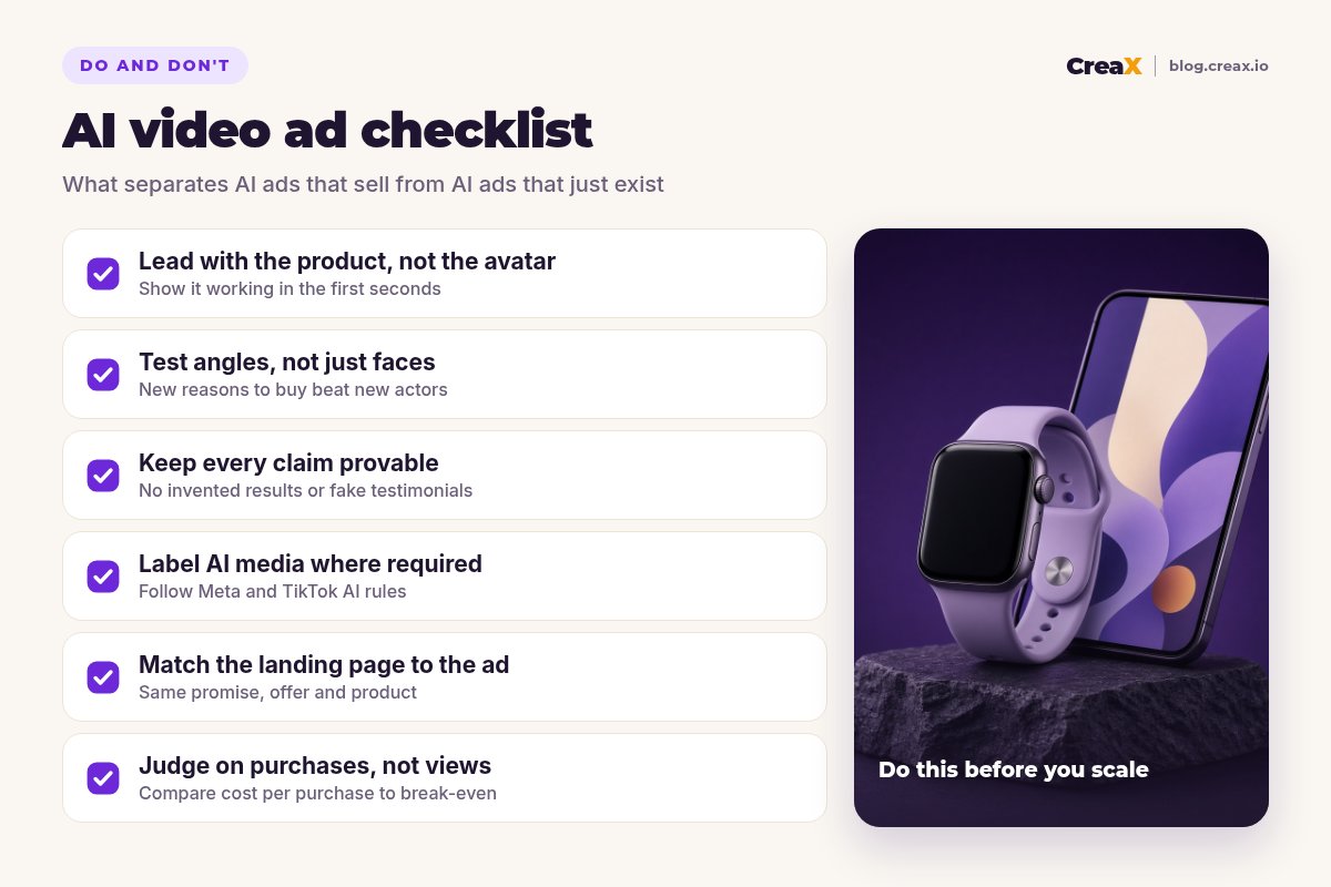AI video ad checklist: lead with the product not the avatar, test angles not just faces, keep every claim provable, label AI media where required, match the landing page to the ad, judge on purchases not views.