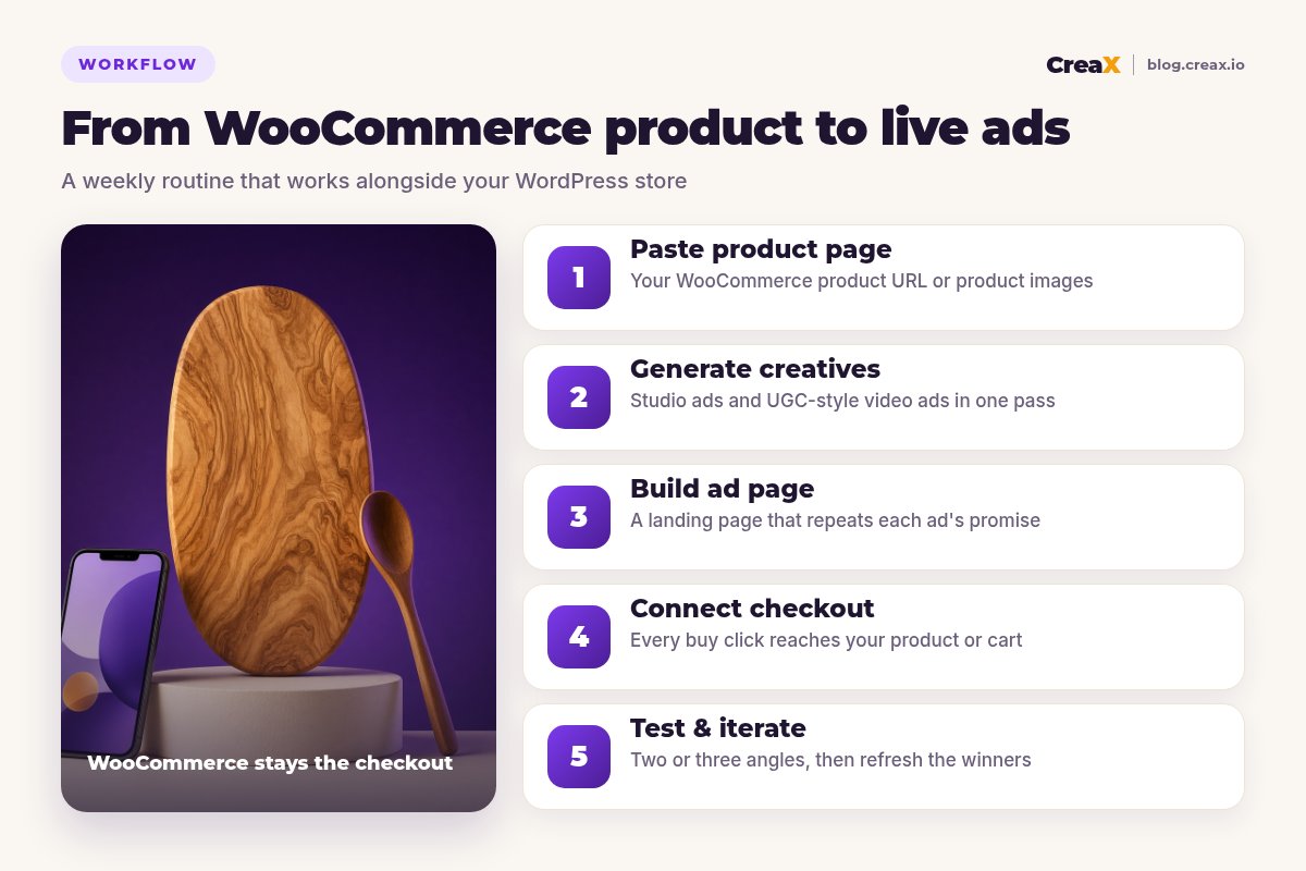 Five-step workflow for WooCommerce stores: paste product page, generate creatives, build ad page, connect checkout, test and iterate, with WooCommerce staying the checkout.