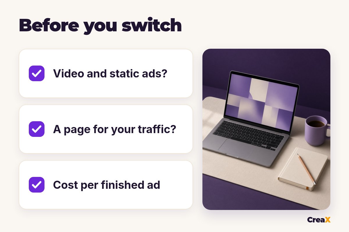 Checklist before you switch from AdCreative.ai: video and static ads? A page for your traffic? Cost per finished ad.
