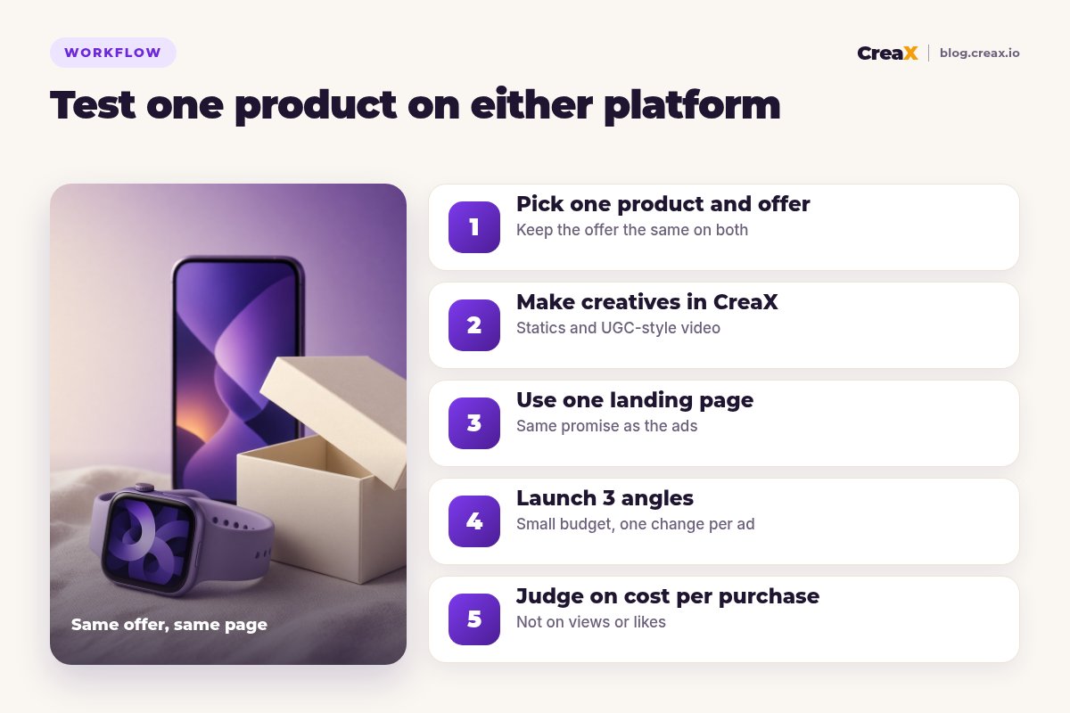 Five steps to test one product on Meta or TikTok: pick one product and offer, make creatives in CreaX, use one landing page, launch 3 angles, judge on cost per purchase.