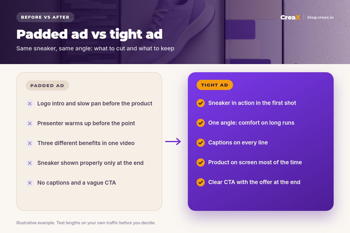 Before and after panel: a padded video ad with a logo intro, a slow presenter warm-up, three benefits, the product shown late and no captions, versus a tight ad with the sneaker in action first, one angle, captions, the product on screen and a clear CTA.