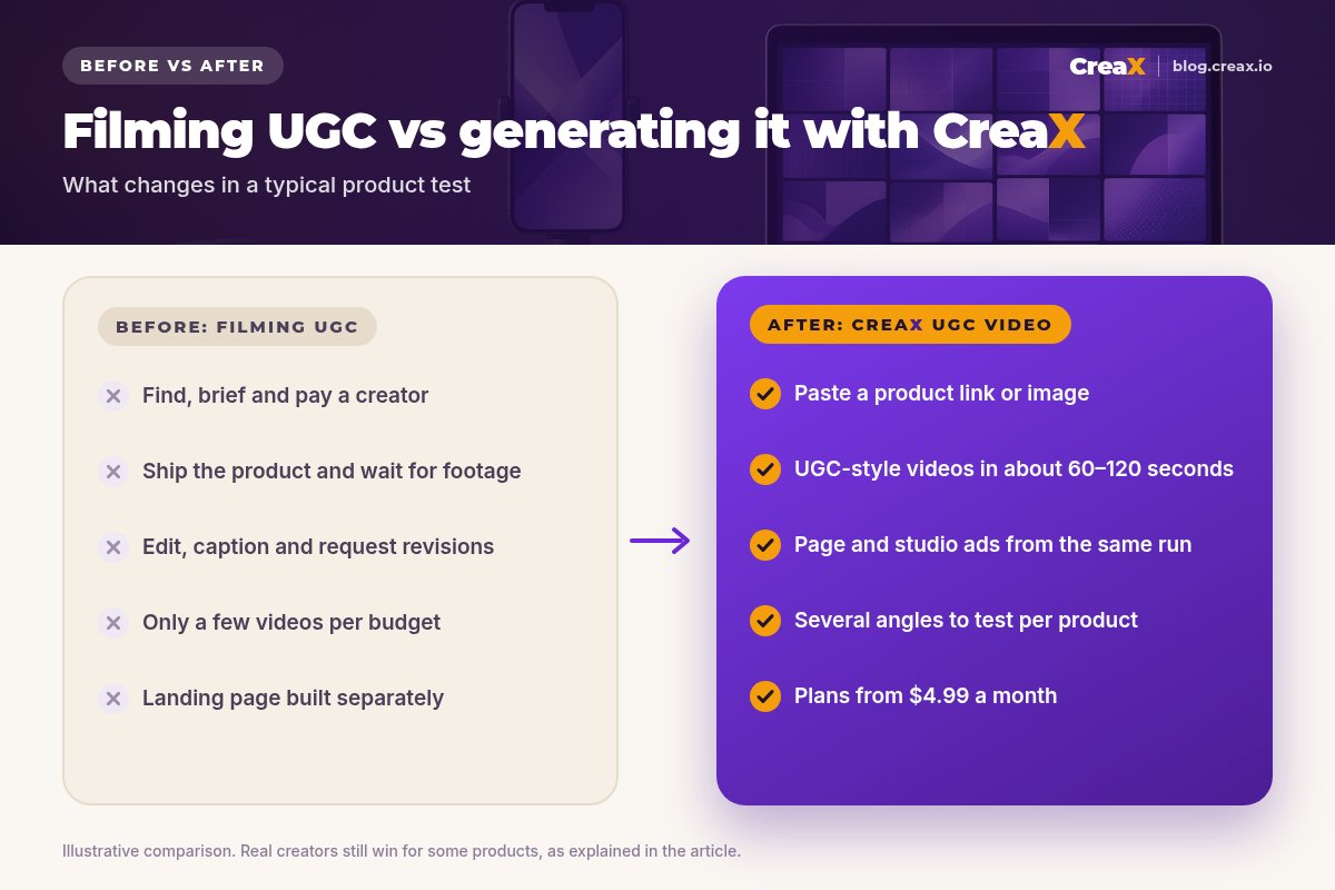 Before and after: filming UGC (find, brief and pay a creator, ship the product and wait, edit and request revisions, only a few videos per budget, landing page built separately) versus CreaX UGC video (paste a product link or image, UGC-style videos in about 60–120 seconds, page and studio ads from the same run, several angles per product, plans from $4.99 a month).