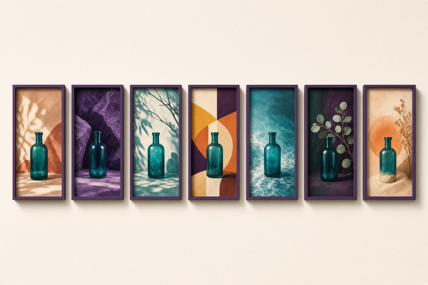 Seven framed studio photos of the same teal bottle, each with a different backdrop and crop, lined up on a cream wall