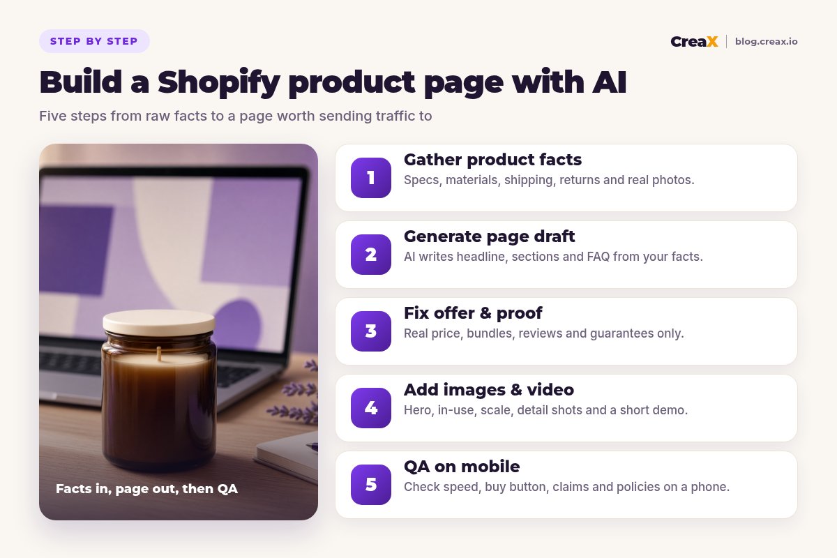 Five-step diagram for building a Shopify product page with AI: gather product facts, generate a page draft, fix the offer and proof, add images and video, and QA on mobile.
