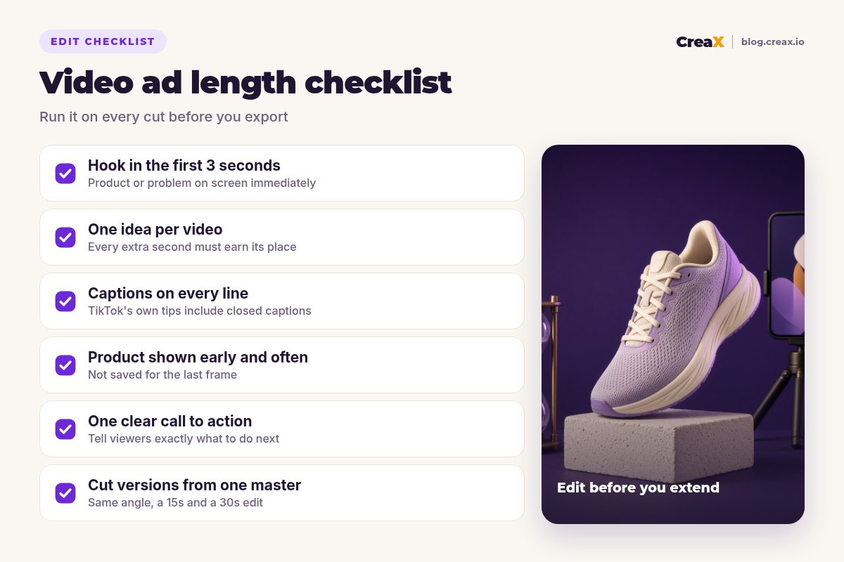 Video ad length checklist: hook in the first 3 seconds, one idea per video, captions on every line, product shown early and often, one clear call to action, cut versions from one master edit.