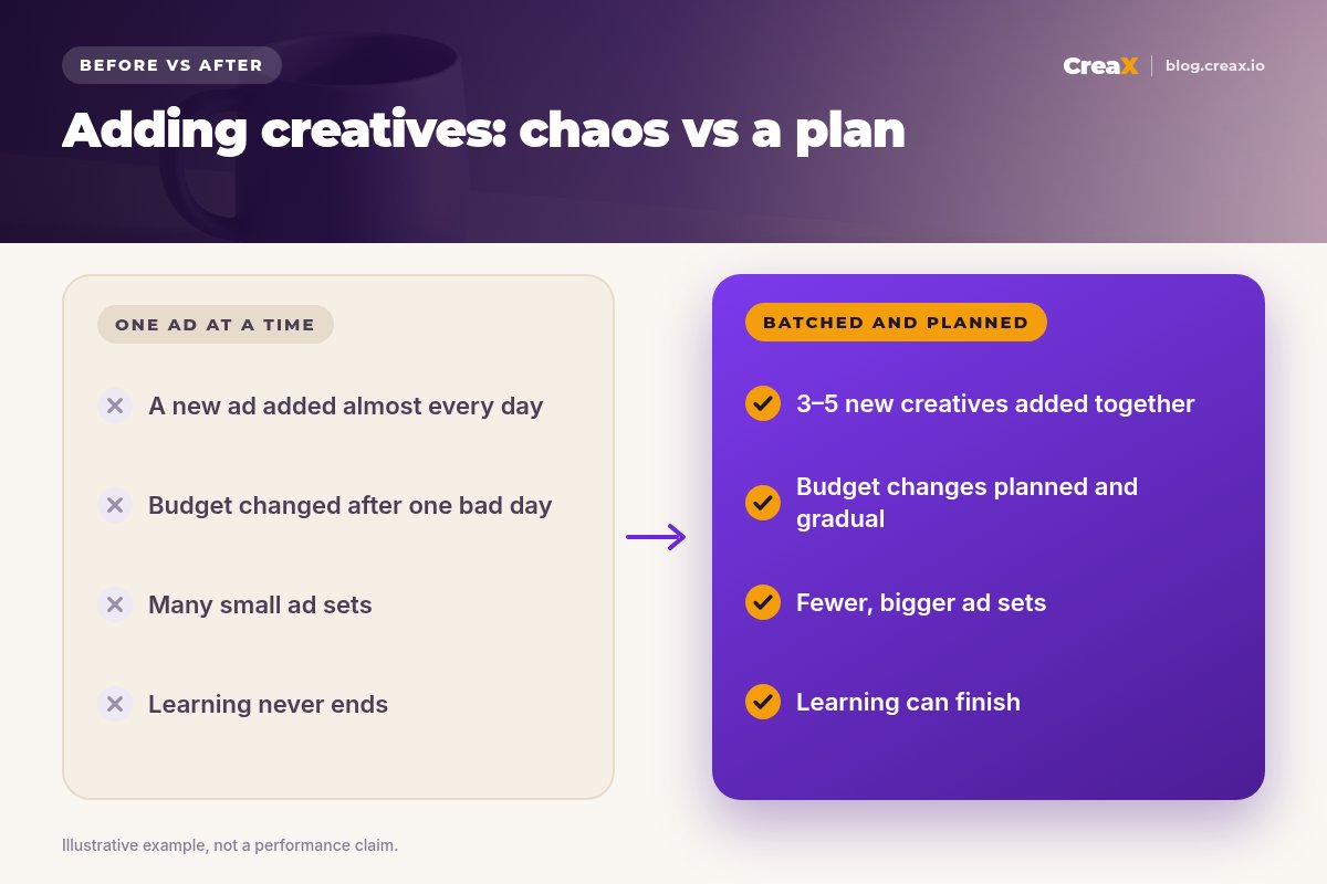 Before and after: one ad at a time (a new ad almost every day, budget changed after one bad day, many small ad sets, learning never ends) versus batched and planned (3 to 5 new creatives added together, planned gradual budget changes, fewer bigger ad sets, learning can finish).