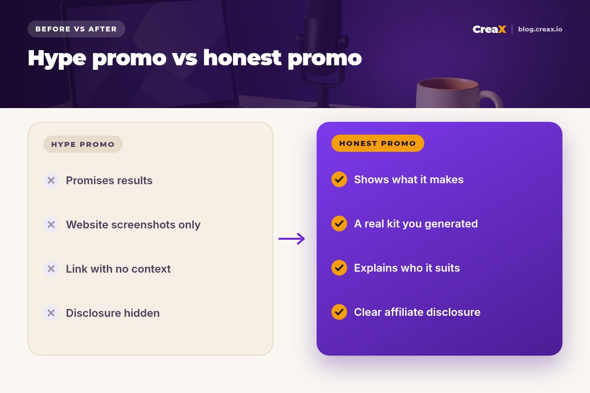 Before and after: a hype promo (promises results, website screenshots only, link with no context, disclosure hidden) versus an honest promo (shows what it makes, a real kit you generated, explains who it suits, clear affiliate disclosure).