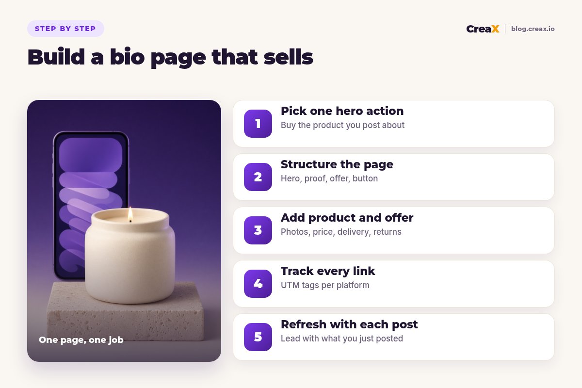 Five steps to build a link-in-bio page that sells: pick one hero action, structure the page, add product and offer, track every link, refresh with each post.