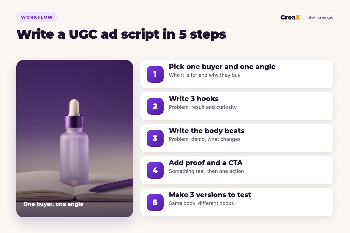 Five steps to write a UGC ad script: pick one buyer and one angle, write 3 hooks, write the body beats, add proof and a CTA, make 3 versions to test.