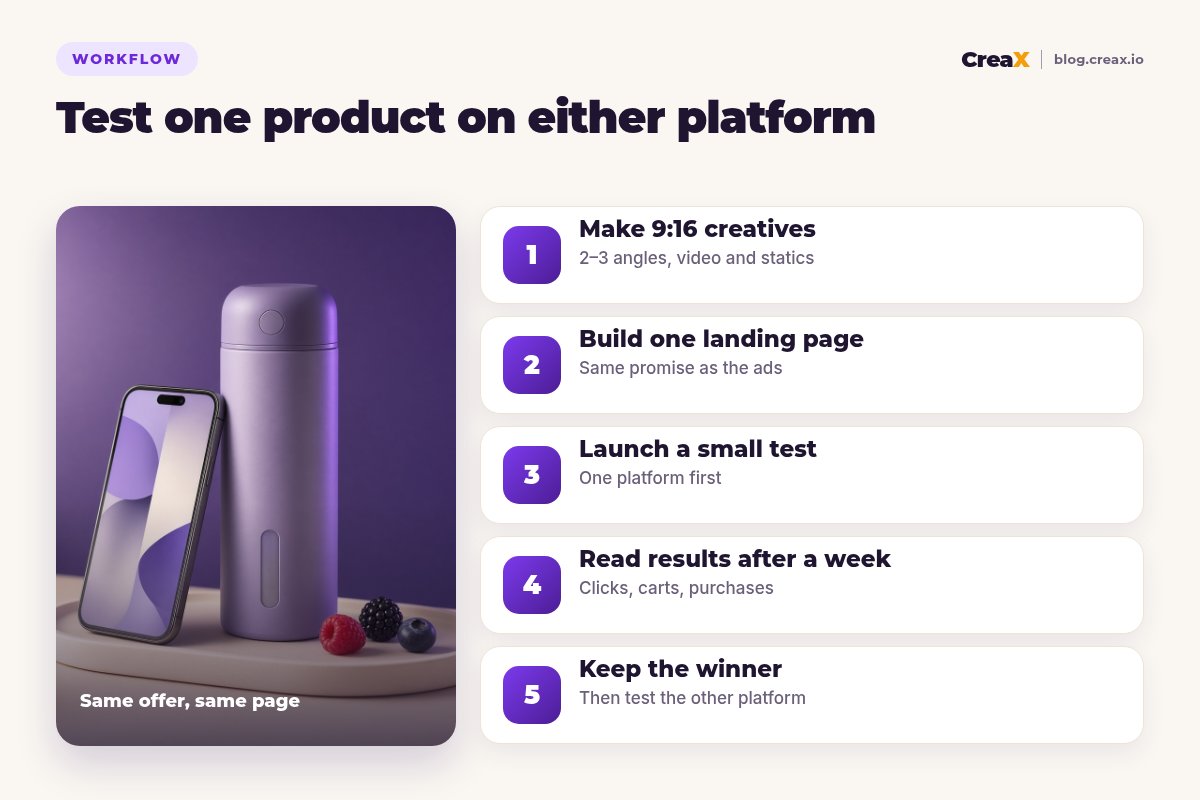 Five steps to test one product on Snapchat or TikTok: make 9:16 creatives in two to three angles, build one landing page, launch a small test on one platform first, read results after a week, keep the winner and then test the other platform.