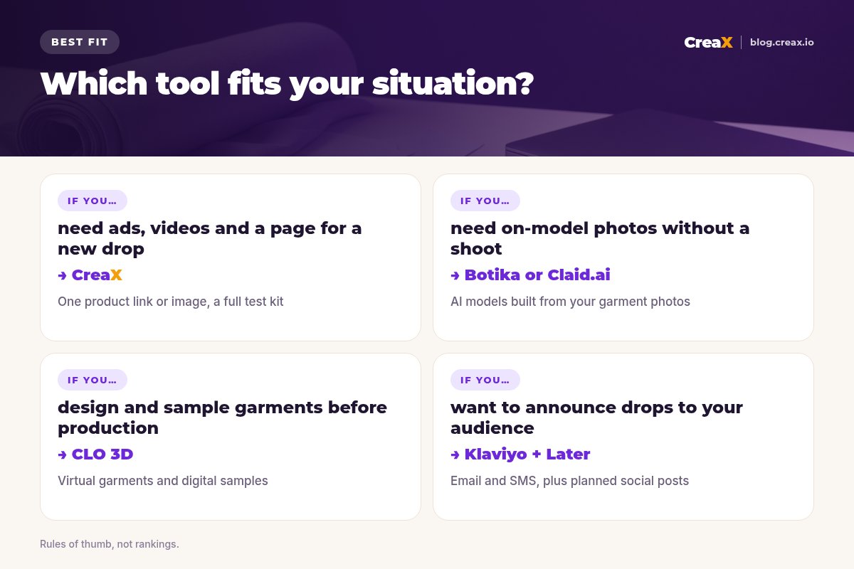 Situation matrix: need ads, videos and a page for a new drop, choose CreaX; need on-model photos without a shoot, Botika or Claid.ai; design and sample garments before production, CLO 3D; announce drops to your audience, Klaviyo plus Later.