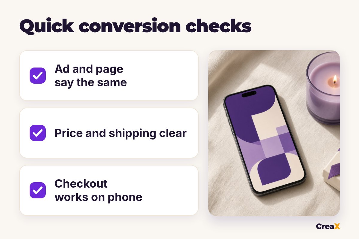 Checklist 'Quick conversion checks': ad and page say the same, price and shipping clear, checkout works on phone.
