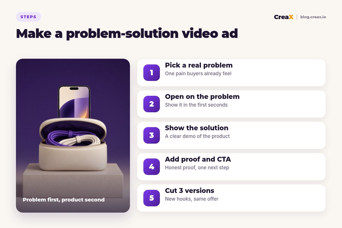 Five steps to make a problem-solution video ad: pick a real problem, open on the problem, show the solution, add proof and a CTA, cut three versions.