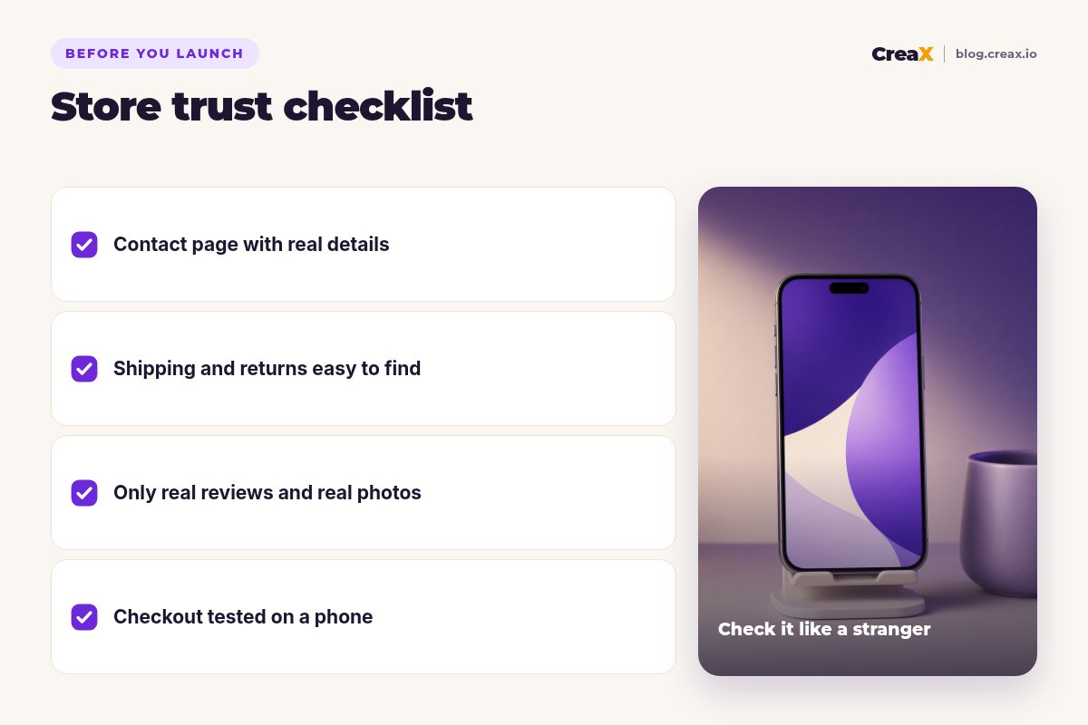 Store trust checklist: contact page with real details, shipping and returns easy to find, only real reviews and real photos, checkout tested on a phone.