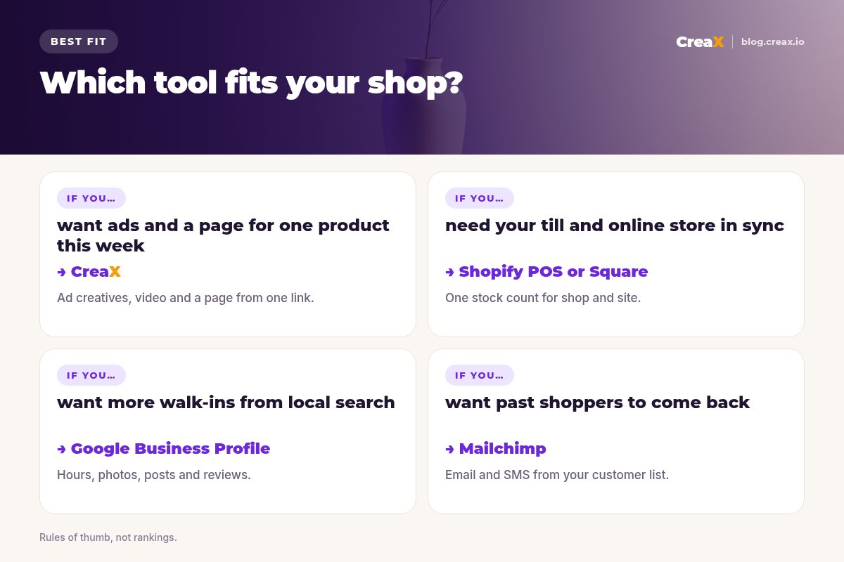 Best-fit matrix: for ads and a page for one product this week, CreaX; to keep the till and online store in sync, Shopify POS or Square; for more walk-ins from local search, Google Business Profile; to bring past shoppers back, Mailchimp.
