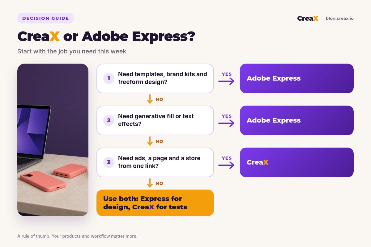 Decision flowchart: templates and brand kits — Adobe Express; generative fill or text effects — Adobe Express; ads, page and store from one link — CreaX; otherwise use both.