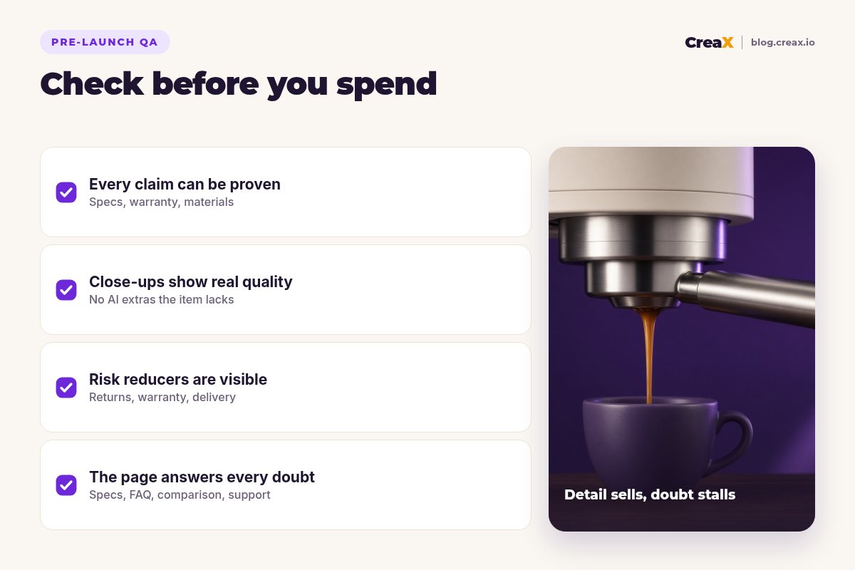 Pre-launch checklist for high-ticket ads: every claim can be proven, close-ups show real quality, risk reducers are visible, the page answers every doubt.