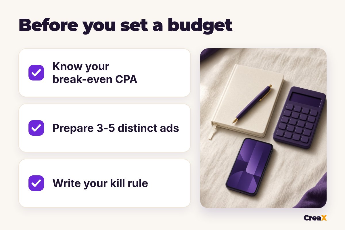 Checklist before you set a Facebook ads testing budget: know your break-even CPA, prepare 3-5 distinct ads, write your kill rule.