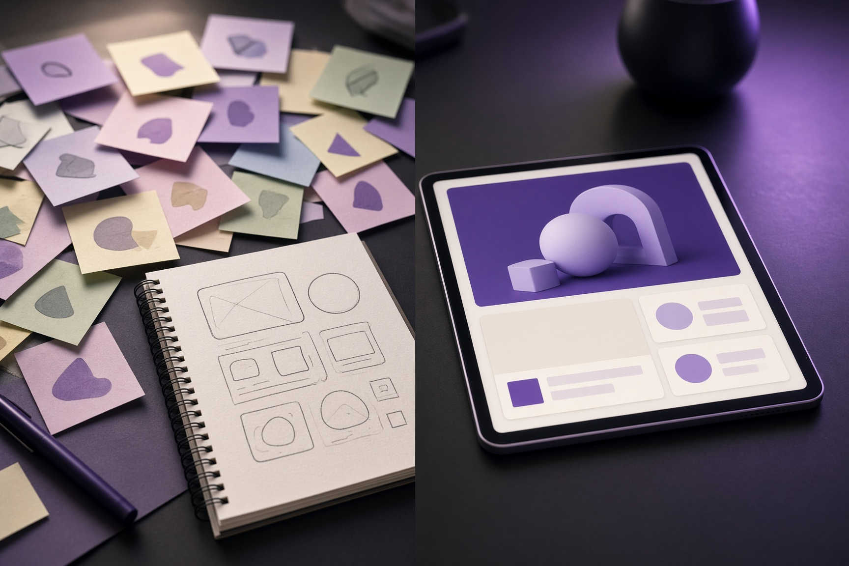 Messy sticky notes on the left versus a clean tablet showing a polished abstract ecommerce page on the right