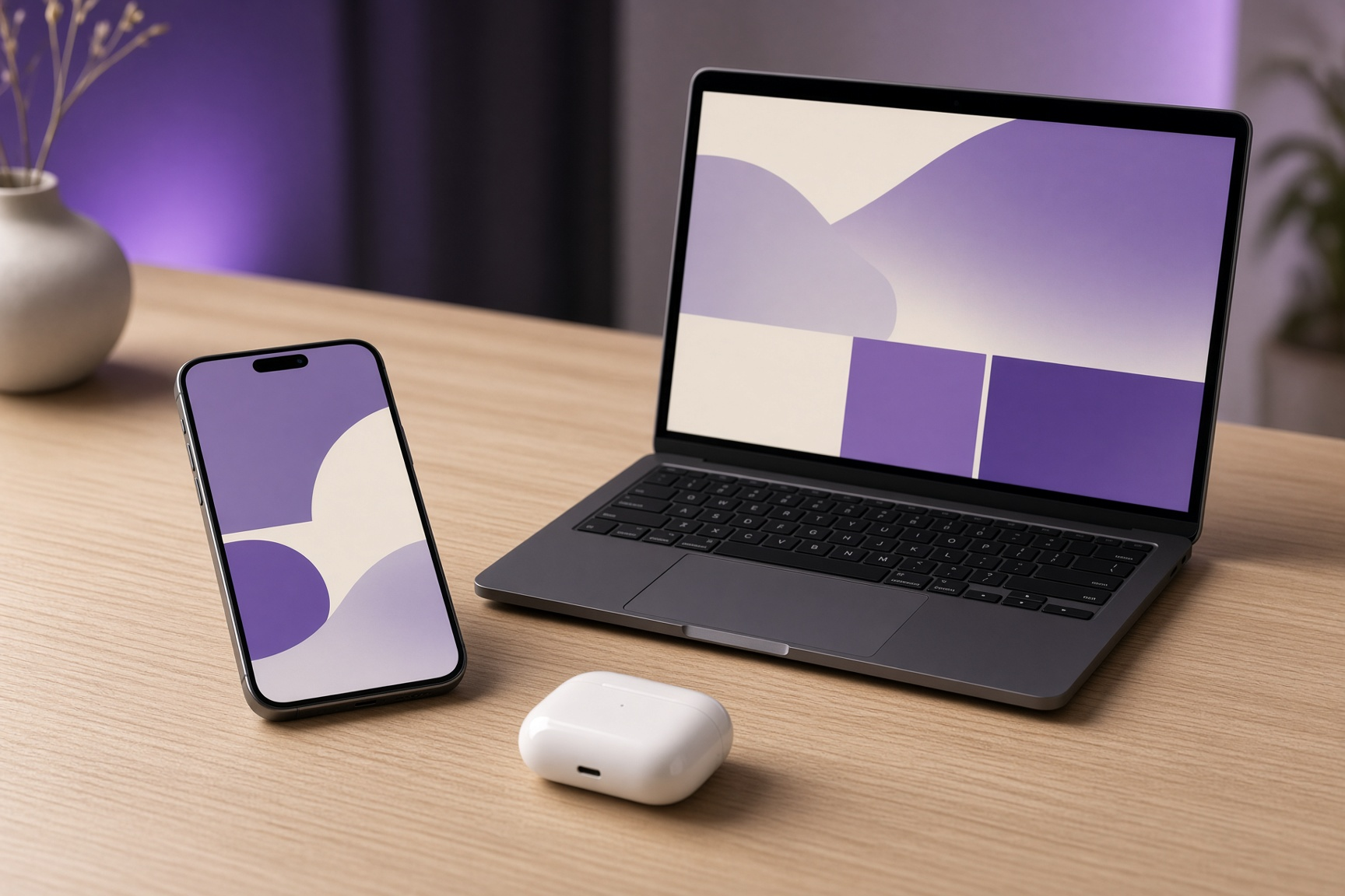 Laptop and smartphone showing matching abstract product landing page layouts next to wireless earbuds