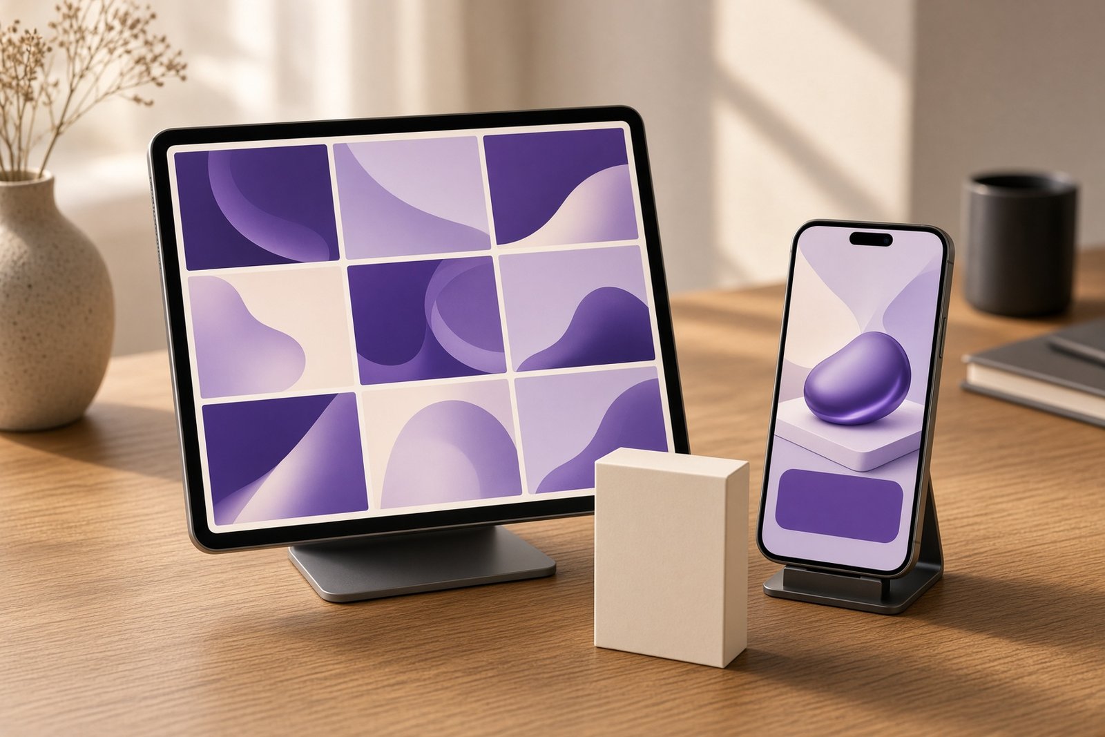 A tablet on a stand on a warm oak desk showing an abstract grid of violet and cream ad tiles beside a phone with a matching abstract product page and a small boxed product