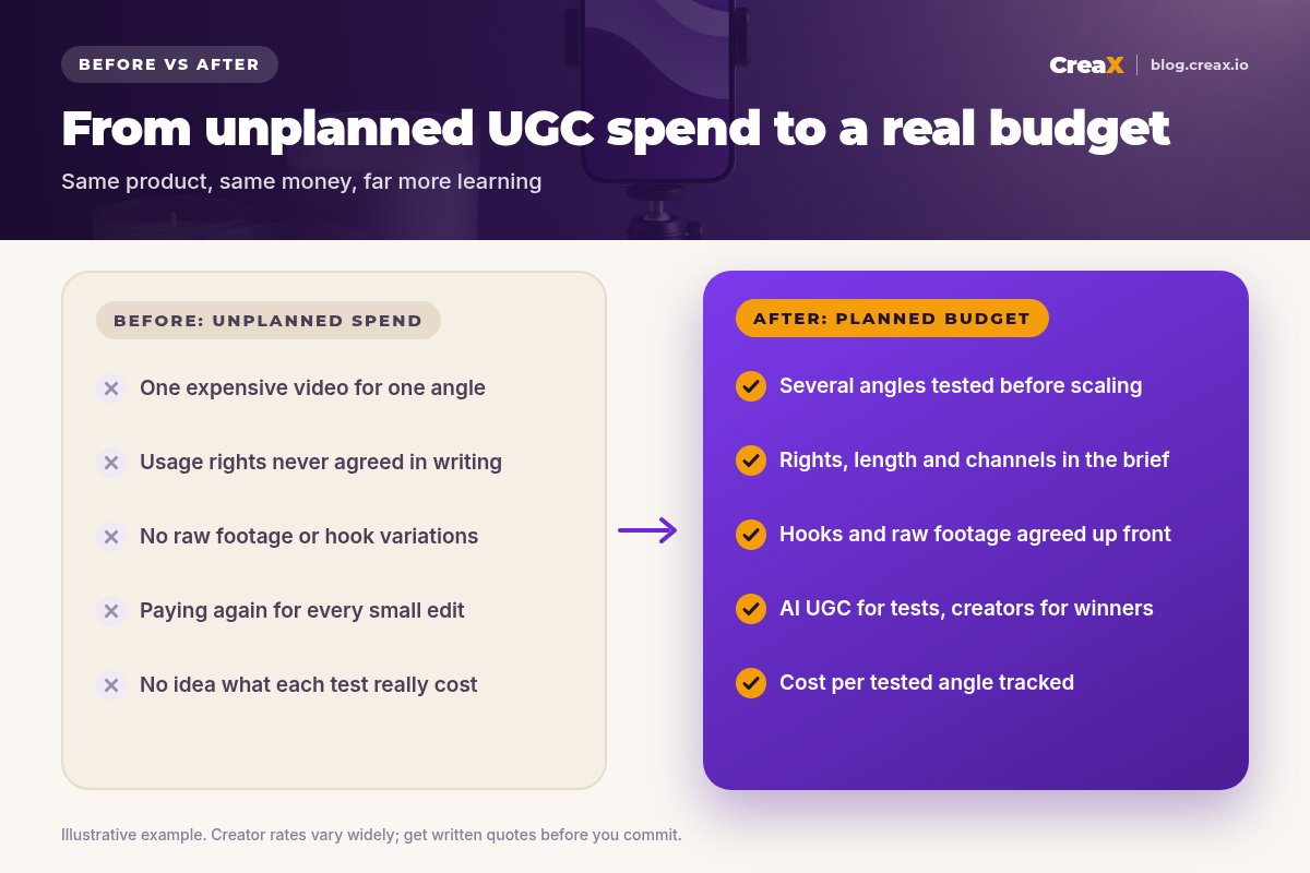 Before and after: unplanned UGC spend (one video for one angle, no written usage rights, no raw footage, paying for every edit, unknown cost per test) versus a planned budget (several angles tested, rights in the brief, hooks agreed up front, AI UGC for tests and creators for winners, cost per tested angle tracked).