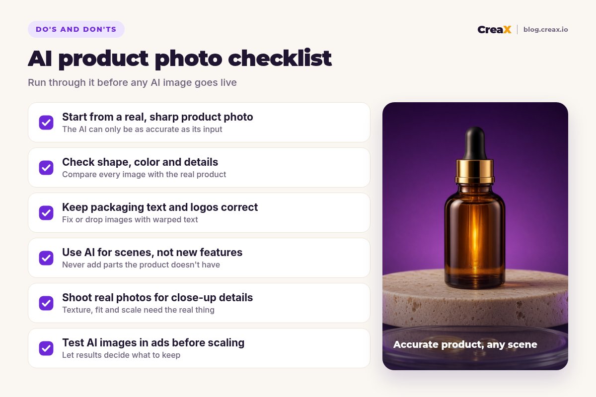 AI product photo checklist: start from a real sharp product photo, check shape, color and details, keep packaging text correct, use AI for scenes not new features, shoot real photos for close-up details, test AI images in ads before scaling.