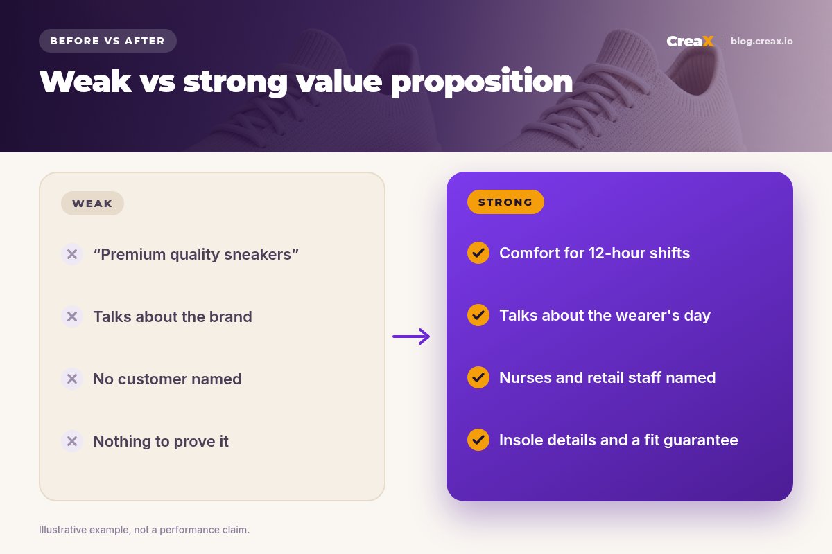 Before and after: a weak value proposition (premium quality sneakers, talks about the brand, no customer named, nothing to prove it) versus a strong one (comfort for 12-hour shifts, talks about the wearer's day, nurses and retail staff named, insole details and a fit guarantee).