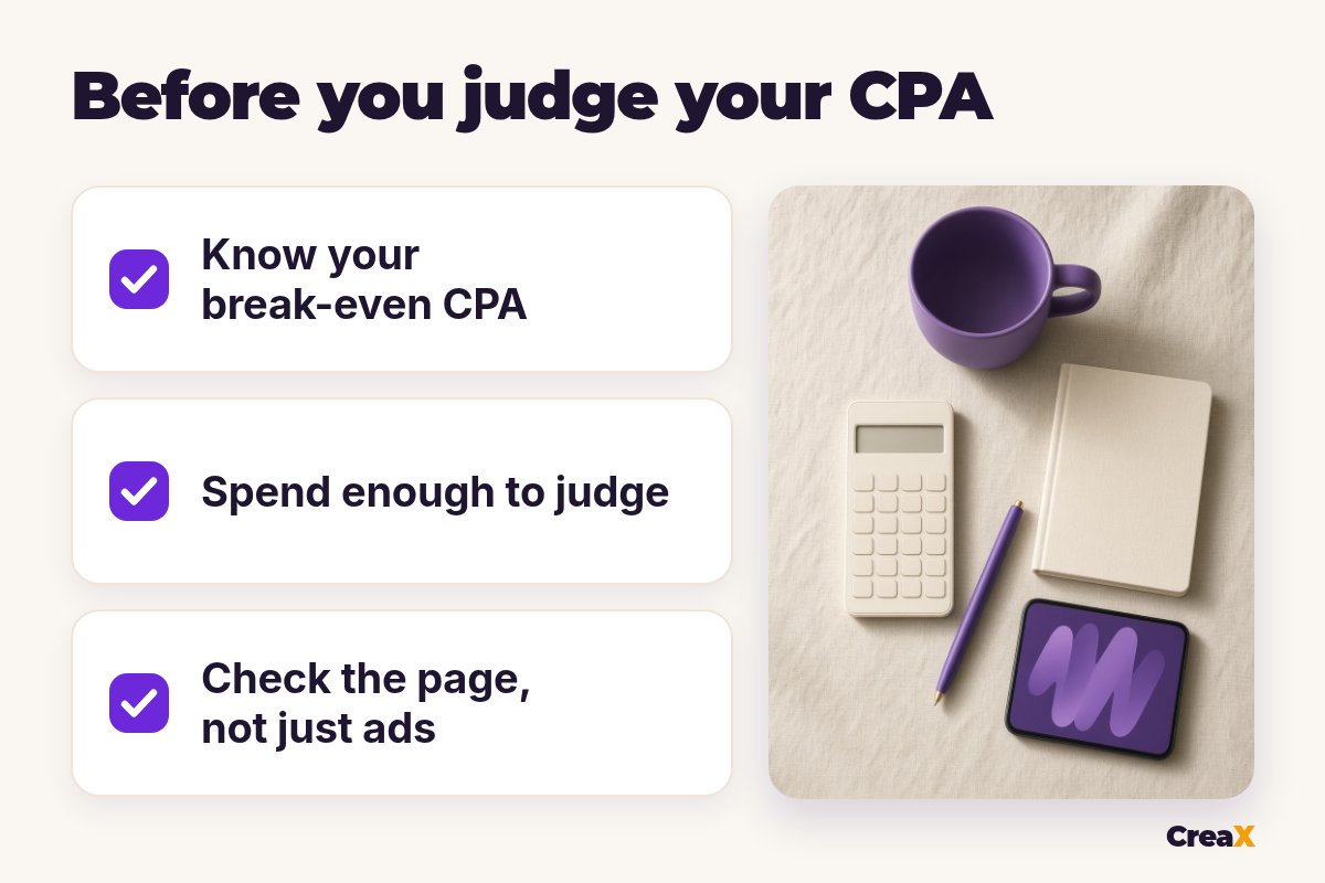 Checklist before you judge your CPA: know your break-even CPA, spend enough to judge, check the page, not just the ads.