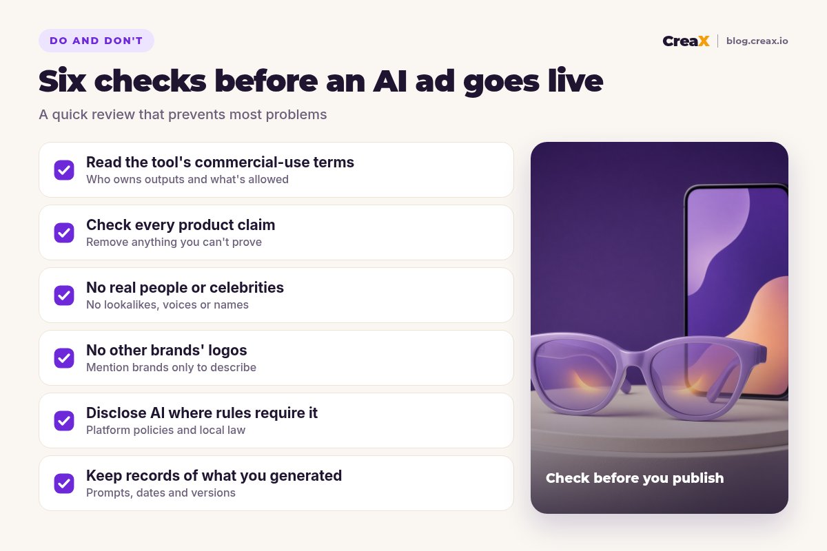 Checklist of six checks before running an AI ad: read the tool's commercial-use terms, check every claim, no real people or celebrities, no other brands' logos, disclose AI where required, keep records.
