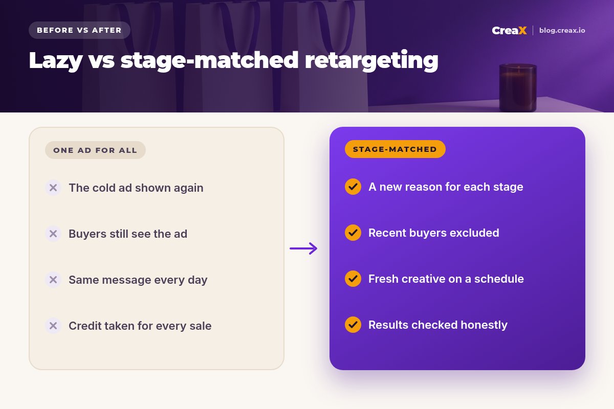 Before and after panel: lazy retargeting shows the cold ad again, keeps showing it to buyers, repeats the same message and takes credit for every sale; stage-matched retargeting gives a new reason for each stage, excludes recent buyers, refreshes creative on a schedule and checks results honestly.